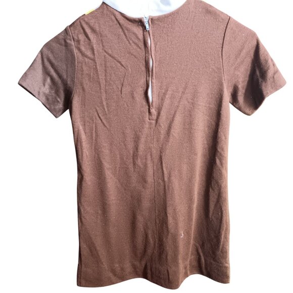 Girls 10 Vintage Dress 1960s Brown & Yellow Mod Back Zipper Mock Neck Buttery - Picture 4 of 6